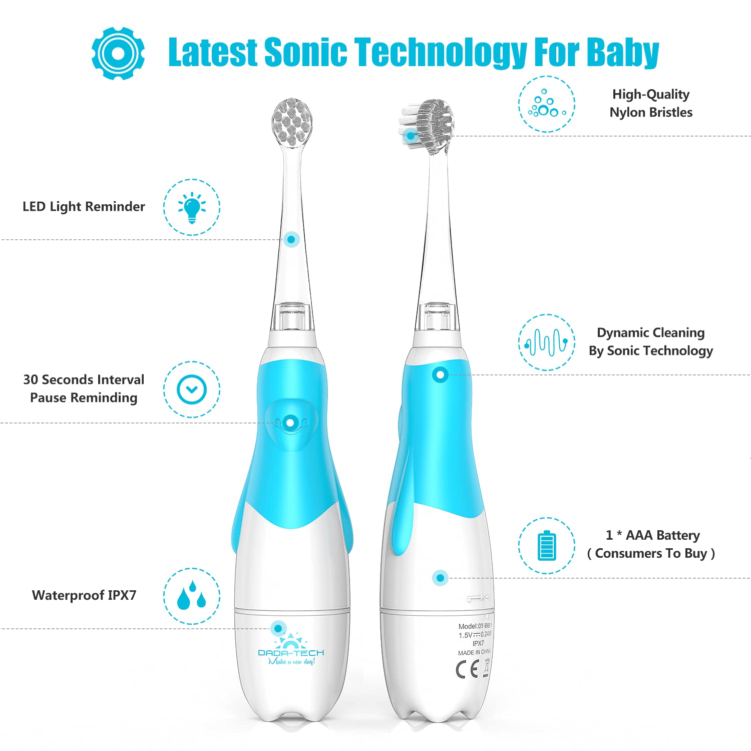 DADA-TECH Baby Electric Toothbrush, Toddler Teeth Brushes with Smart LED Timer and Sonic Technology for Infants Ages 0-3 Years (Blue) - Image 4
